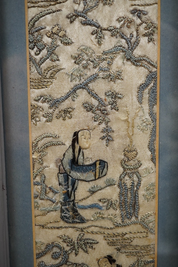 A framed Chinese silk embroidery sleeve band worked with Chinese knotting, 47 x 8cm